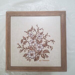 Vintage Floral Ceramic Tile Trivet, Wood Frame -Signed Artwork – Hotplate, Decor